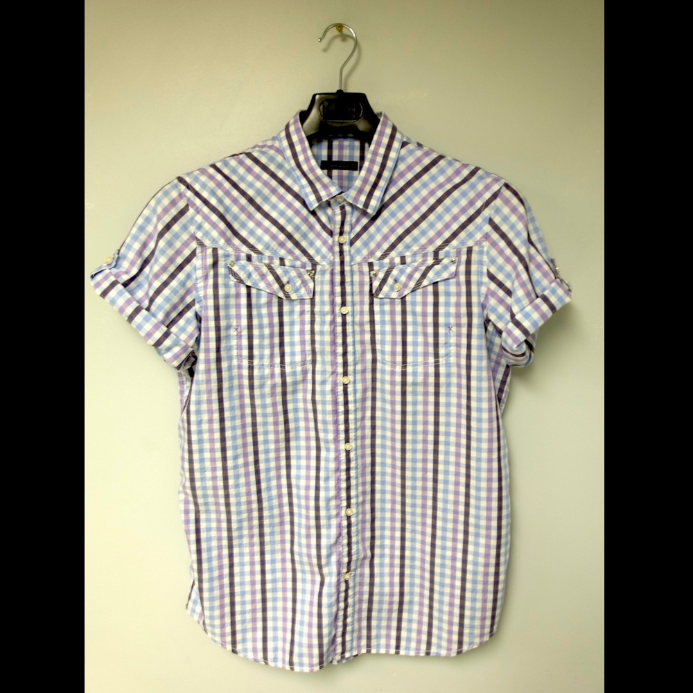 Vintage Matinique Danish Checkered Roll Tab Sleeve Utility Shirt Mens XL Blue